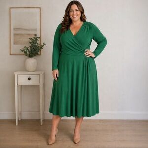 Serengeti Green Faux Wrap Midi Dress 1X Plus Size Long Sleeve